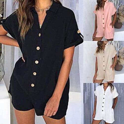 Stylish Women Jumpsuit Single Breasted Solid Color Short Sleeve Overall Turn-down Collar V Neck Loose Romper Jumpsuit for Dating