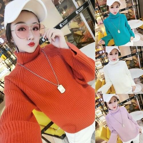Sweater womens 2019 autumn and winter new loose and thin solid color Korean style wild wild thickened high neck sweater women