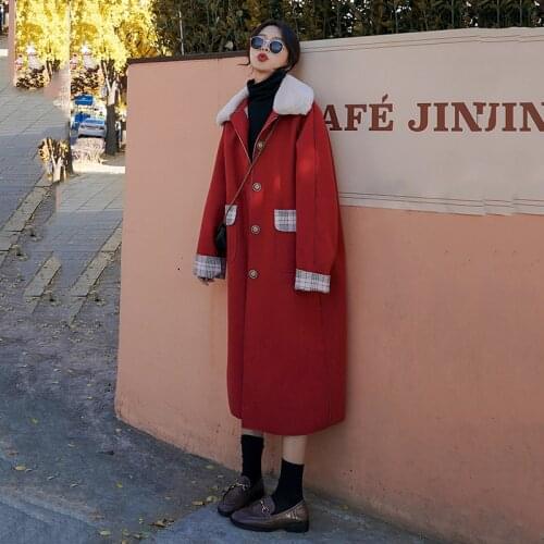 Red coat women mid-length woolen coat 2020 autumn winter new Korean style loose thick over-the-knee fashion Nizi coat female 39b