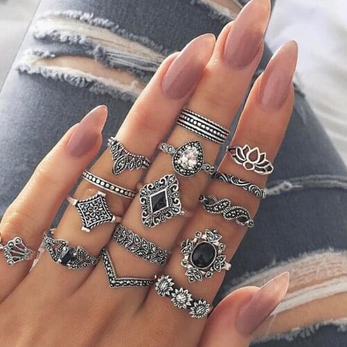 15 Pcs/Set Women Vintage Alloy Hollow out Midi Joint Finger Rings Set Knuckle Ring Jewelry Gifts