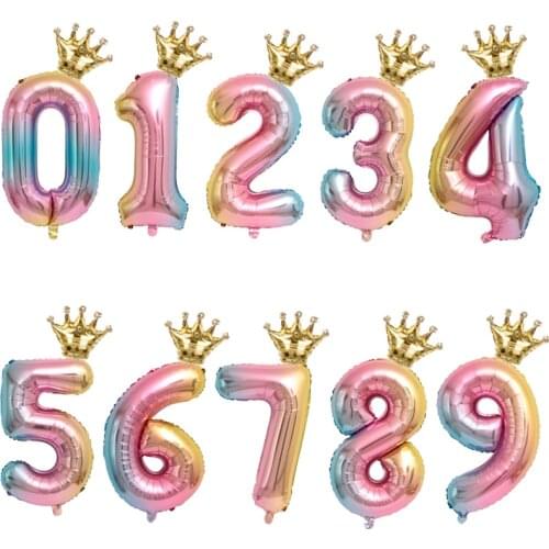 2PCS 32inch rainbow gradient number balloons with gold crown party foil balloon birthday party decorations kids globos