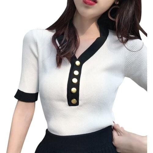 2021 Women V-neck Knitted Short Sleeve T-shirts Tops Girls Knitting Large Elastic Basic Sheath Tee Shirts Knitwear Pullover Girl