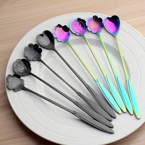304 Stainless Steel Tableware Coffee Spoon Cherry Blossom Rose Spoon Dessert Heart Shape Spoon Cute Stirring Long Handle Spoon