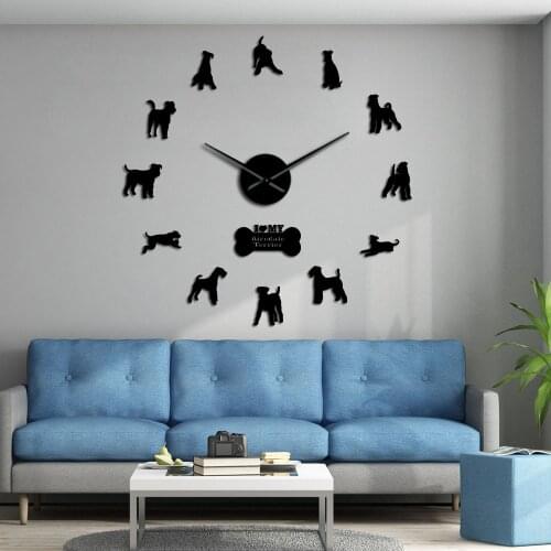 3D Dog Breed Airedale Bingley Terrier Stickers Large DIY Frameless Mute Wall Clock Watch Home Room Wall Art Decor Dog Lover Gift