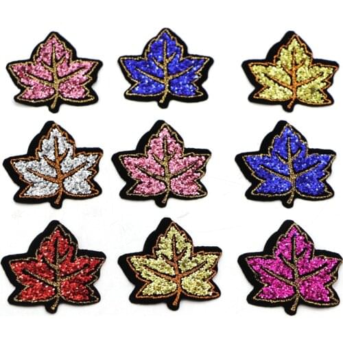 5Pcs/Lot Maple Leaf Sequin Appliques Patches For Clothes Garments Decor DIY Stripes Iron on Embroidery Leaf Badges For Dress