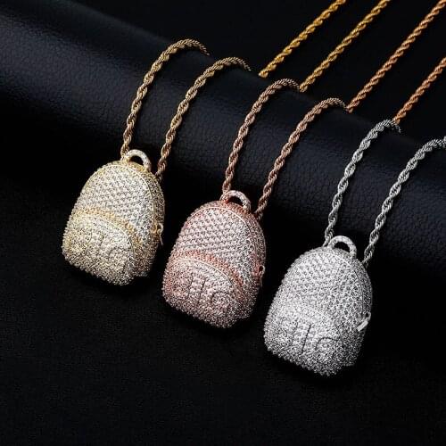 Bling Full Cubic Zircon Big School Bag Pendant Necklace For Men Women Hip Hop Iced Out Crystal Jewelry Gift