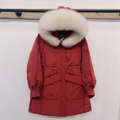 Large Natural Fox Fur Hooded Winter Jacket Women 90% White Duck Down Thick Parkas Warm Sash Tie Up Snow Coat
