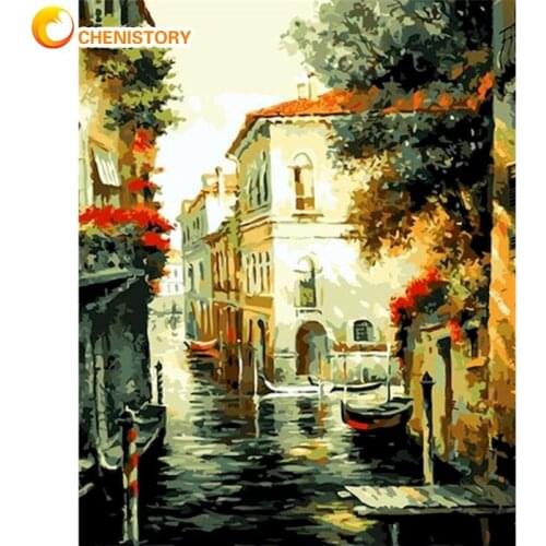 CHENISTORY 40x50cm Frame Oil Painting By Numbers For Adults Children Old Village Landscape Picture By Number Handmade Wall Arts