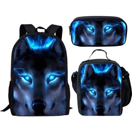 Children School Bags Funny 3D Wolf Print Large Shoulder Backpack 3Pcs/Set Kids Book Bag Custom Students Bookbag Mochilas Colegio