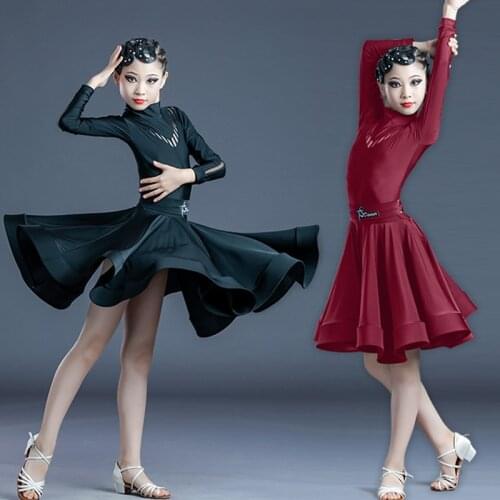 Girls Latin Dance Dress Long Sleeve Practice Dress Chacha Samba Tango Ballroom Dancing Clothes Latin Performance Wear DN7131