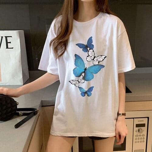 Harajuku Women T-Shirt Butterfly Printed Short Sleeve T-shirts Casual Oversized T Shirt Female Tops Tee Fashion Women Clothes