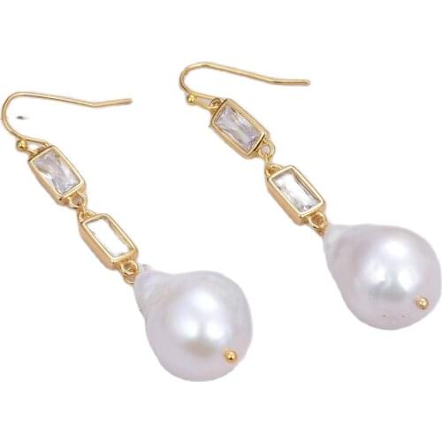 GG Jewelry Natural Cultured White Keshi Pearl Cz Pave Chain Dangle Hook Earrings Classic Luxury For Women Lady Gift