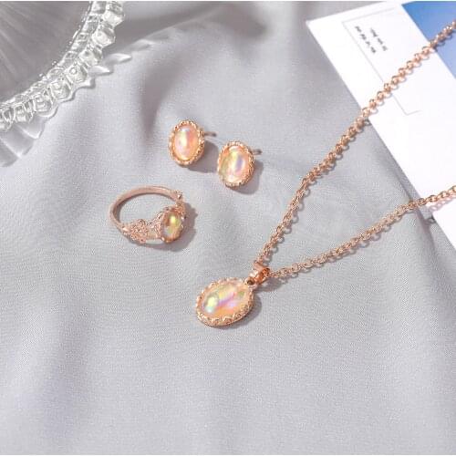 New Set Jewelry for Women Color Moonstone Ring Earrings Chain Opal Pendant Necklace Wedding Party Fashion Luxury Jewelry 2020