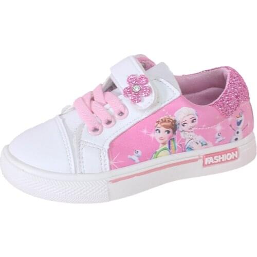 Spring New Style Children Casual Shoes Girls White Frozen Princess Shoes Girls PU Leather Casual Sports Shoes Pink Kids Sneaker