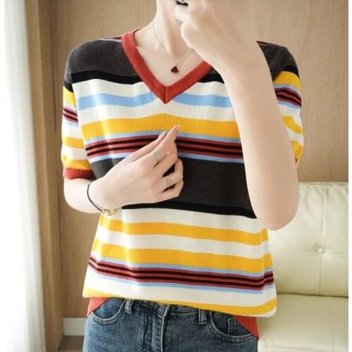 Summer new style 100% pure cotton knitted striped short-sleeved loose T-shirt half-sleeved outer pullover bottoming shirt