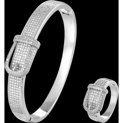 Funmode Fashion Men Belt Design Micro CZ Pave Bangle Ring Jewelry Sets For Wedding Bridal Bijoux Sets Wholesale FS238