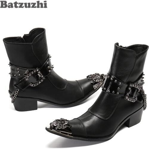 Batzuzhi High Quality Leather Ankle Boots Men Punk 6.5CM High Heel Western Cowboy Boots Handmade Pointed Iron Toe with Chains
