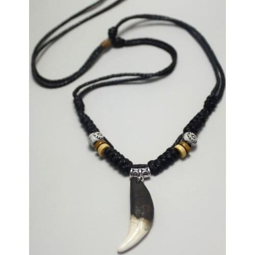 Man Choker fashion Wolf tooth Necklace Black rope True Teeth pendant