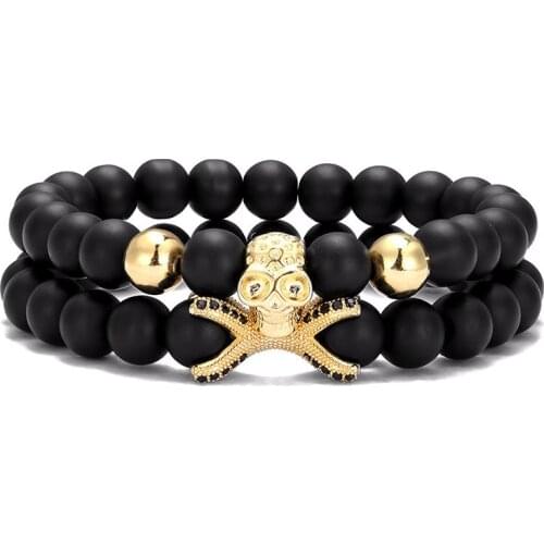 2 piece set /Natural stone mens bracelet punk lucky skull bracelet mens fashion beads frosted stone yoga elastic bracelet