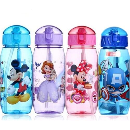 Disney Straw Cup Marvel Captain Mikey Minnie Mouse Sofia Childen Cartoon Portable Water Cup Bottle Boy Girl Gift 450ML