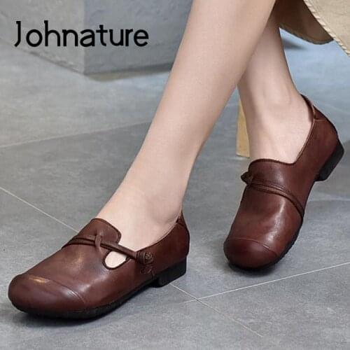 Johnature Flats Women Shoes 2021 New Genuine Leather Spring/Autumn Buckle Strap Handmade Round Toe Concise Retro Ladies Shoes