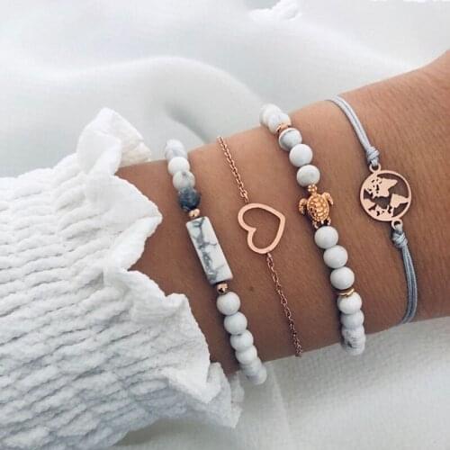 Yobest Bohemian Geometric Stone Bracelet Set for Women Vintage Rope Taseel Sequin Moon Map Map Heart Leaf Female Jewelry NEW
