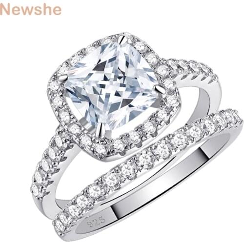 Newshe Solid 925 Sterling Silver Wedding Rings For Women 2.2 Ct Square Cushion Cut AAA Cubic Zircon Engagement Ring Set