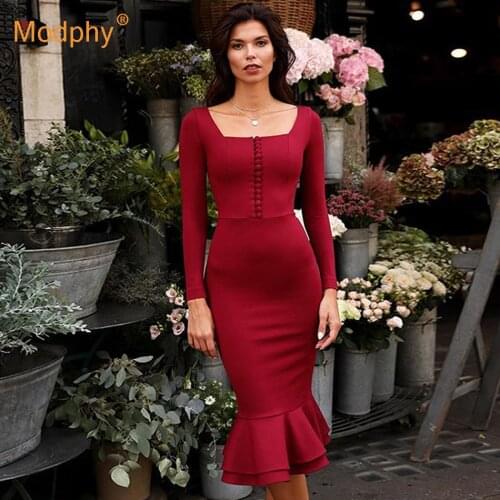 2020 Autumn New Fashion Mermaid Bandage Dress Women Sexy Long Sleeve Square Collar Button Bodycon Evening Party Vestidos
