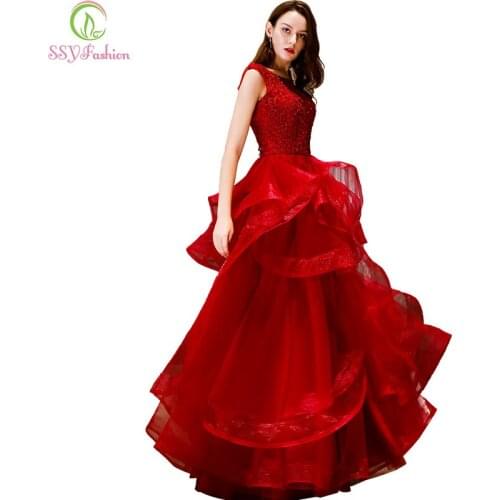 SSYFashion New Banquet Luxury Evening Dress Red Lace Beading A-line Backless Floor-length Party Formal Gowns Robe De Soiree