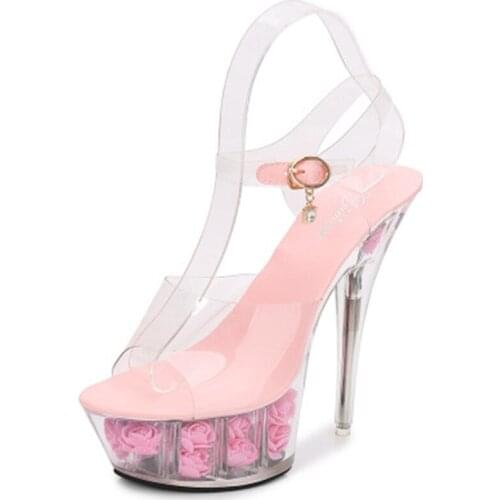 14.5cm high high heels in nightclubs, rose waterproof platform sandals, crystal pole dancing sandals