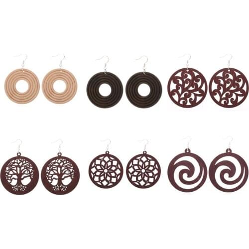 6 Pairs Good Quality Wood Earrings Organic brown Hollow African Woman Wooden Brincos