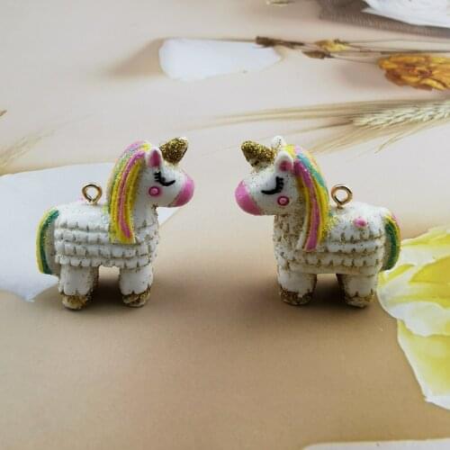 6pcs/lot 3D Glitter Unicorn Horse Resin Charms Animal Pendant Keychain Necklace DIY Fashion Jewelry Accessories Big Size 30*34mm