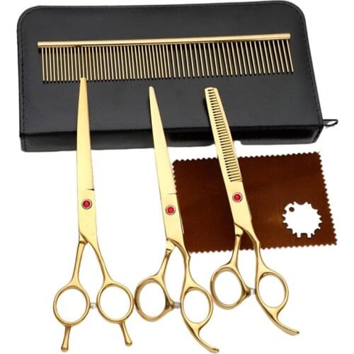 7 Inch Electroplate Blue Comb Double Curved Thinning Cutting Dog Scissors Set