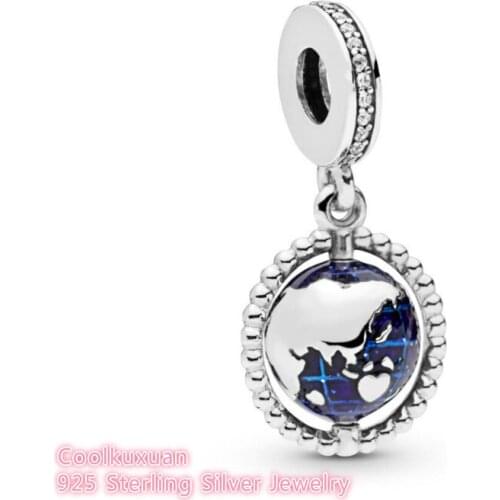 Summer 100% 925 Sterling Silver Spinning Globe Dangle Charm Blue Enamel beads Fits Original Brand bracelets Jewelry