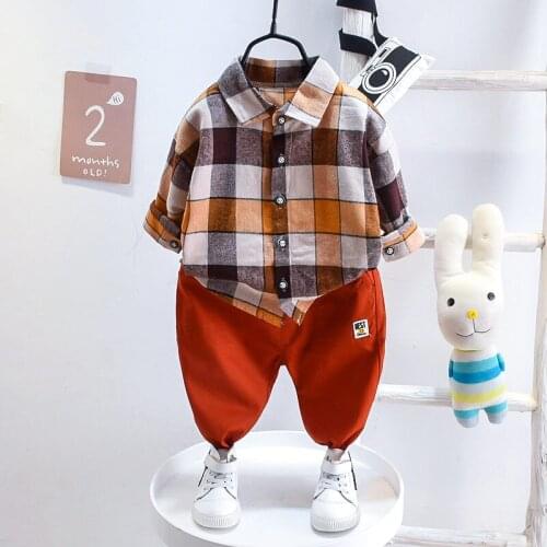Children Autumn Cotton Clothes Baby Boys plaid shirt blouse Pants 2Pcs/sets Infant Out Kid Fashion Toddler Clothing Tracksuits