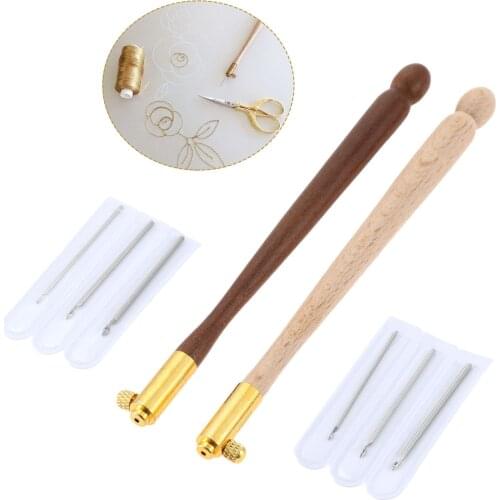 DRELD 110mm French Embroidery Needles Tambour Crochet Hook Wood Handle with 3 Needles Luneville Glitter Bead Embroidery Tool