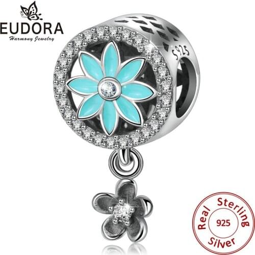 EUDORA Authentic 925 Sterling Silver Blooming Daisy Flower Dangle Charm Pendant fit Women Charm Bracelet Necklace Jewelry Z106