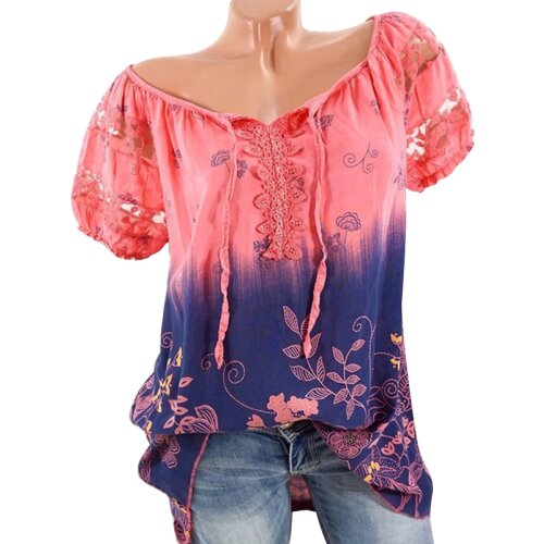 Gradient Bandage Print Lace Patchwork Short Sleeve T Shirt Women Casual Sexy Deep V Neck Loose Plus Size Tops Tees