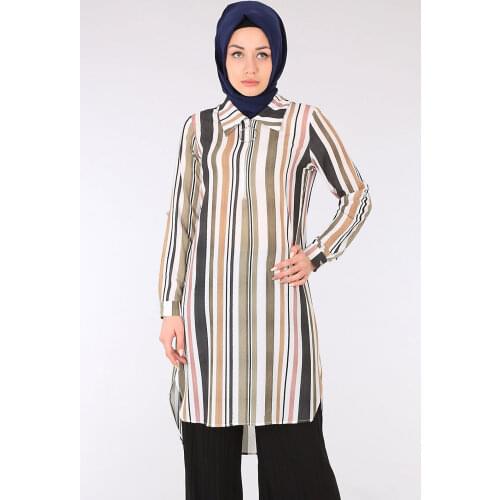 Striped Zipper Hijab Tunik 2021 Summer Spring Muslim Clothing Women 'S Scarves Islamic Hijab For Muslim Women Tunik