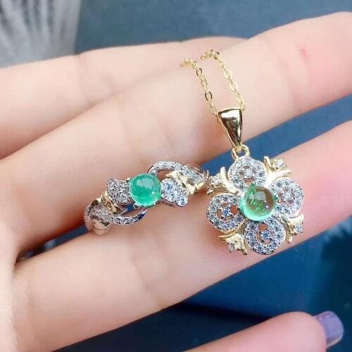 Real Natural Emerald jewelry set Natural Real Emerald 925 sterling silver 1pc pendant,1pc ring