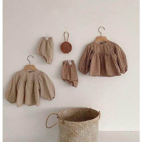 Korean Spring Autumn Childrens Baby Suit Girls Fashion Cute Plaid Puff Sleeve Doll Top Dress Shorts Suit Kids Outfit Clothes