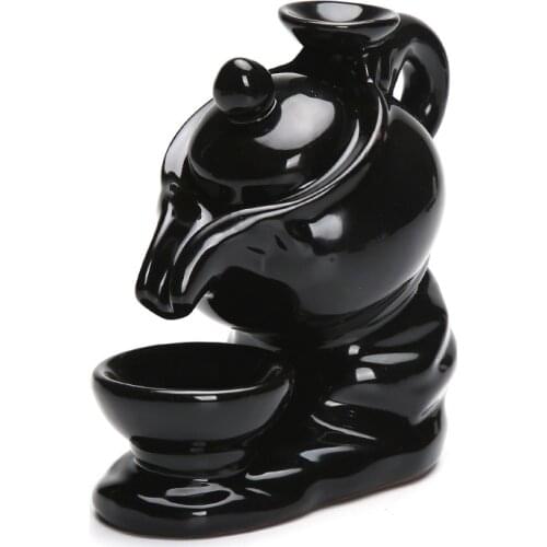 Handmade Black Incense Burner Censer Teapot Cup Shape Ceramic Backflow Incense Burner Holder Living Room Buddhist Temple Decor