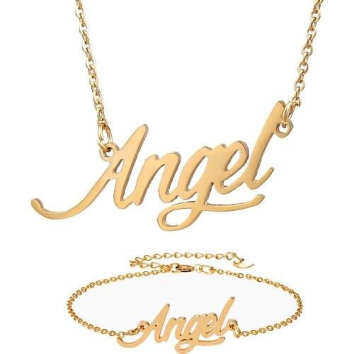 Fashion Stainless Steel Name Necklace + Bracelet Set " Angel " Script Letter Gold Choker Chain Necklace Pendant Nameplate Gift