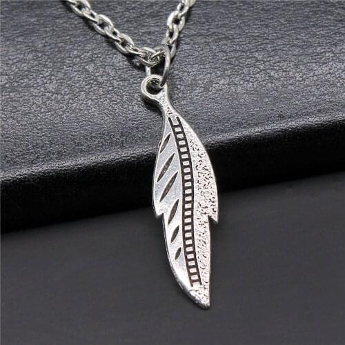 Fashion Antique Silver Color 32x9mm Feather Charms Pendant Necklace For Women Lady Girl Jewelry Gift