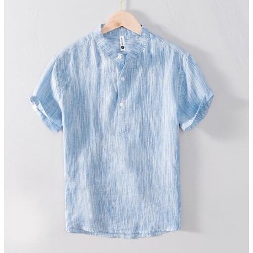 Striped Short Sleeve Shirts for Men Pure Linen Stand Collar Casual Pullover Tops Male Summer New Fashion Daily Streak Clothes