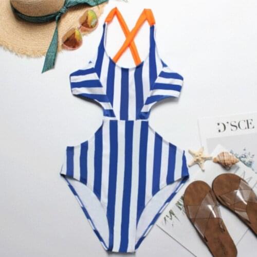 Sexy Blue Striped Women Bikini Summer One Piece Swimsuit Mujer Monokini Push Up Bikini Leaky Waist Beachwear Swimwear Female