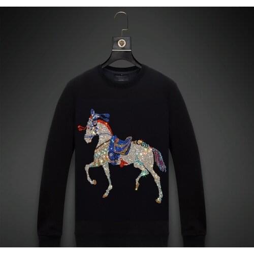 2021 Men Colorful Horse Rhinestones Hoodie Sweatshirt Fashion Streetwear Full Pullover Hoodie O Neck Cotton Mens Autumn Clothes