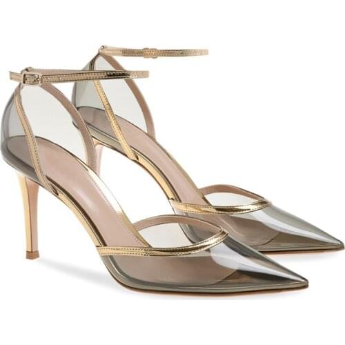 Unisex Men Women Sweet Golden Floding PVC Clear High Heels Pointed Toe Ankle Strap Stiletto Heel Shoes 41 42 43 44 45 9 10 12 13