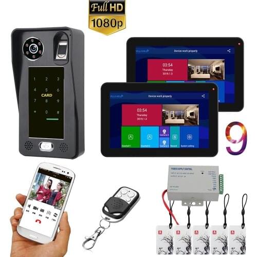 9 inch 2 Monitors Wifi Wireless Fingerprint IC Card Video Door Phone Doorbell Intercom System with Wired AHD 1080P Door Acce