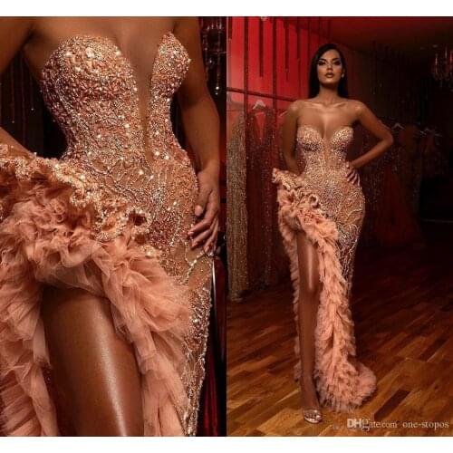 Crystal Beaded Mermaid Prom Dresses Sexy Sweethaeat High Side Split Evening Gown Lace Appliqued African Formal Party Wear